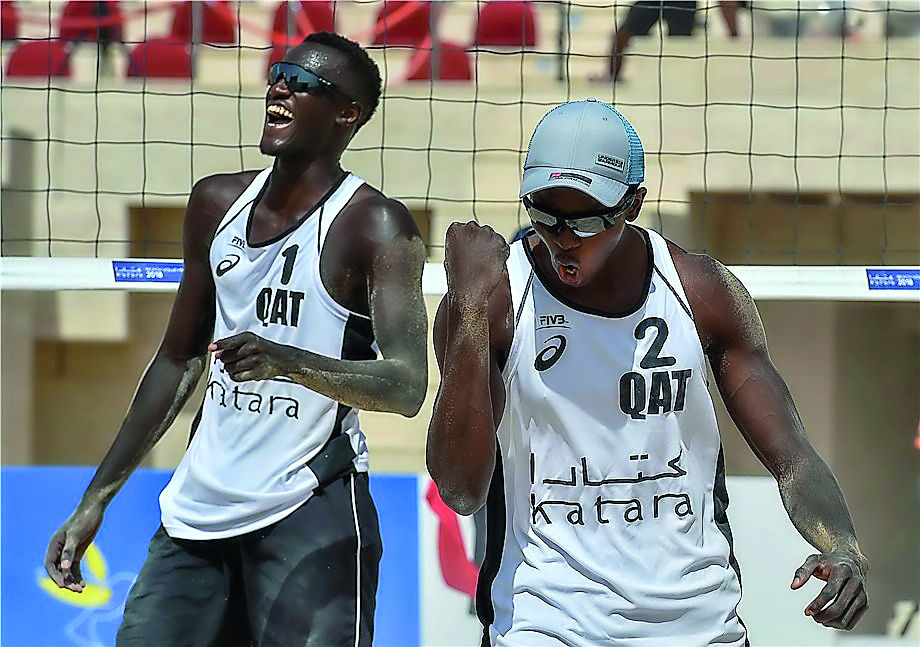 Cherif Younousse (left) and Ahmed Tajin are looking to bag top honours when they compete in the FIVB Beach Volleyball World Tour action at the Four-Star Katara Beach Open title in Doha from tomorrow.