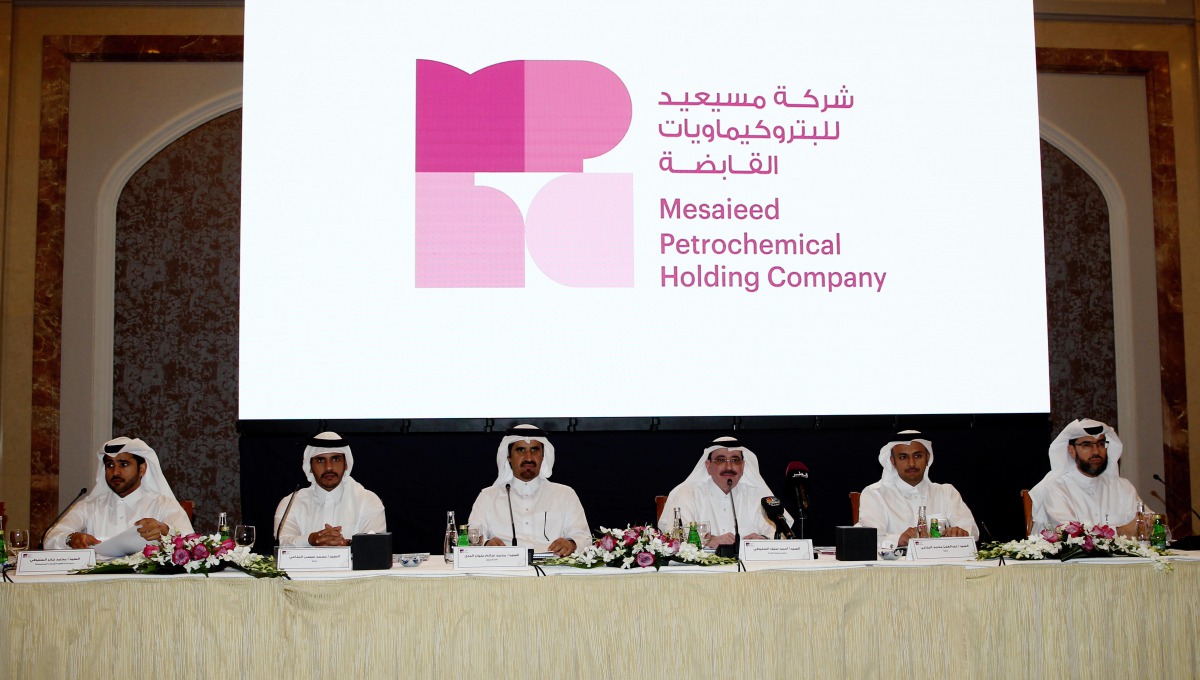 Ahmad Saif Al Sulati (second right), Chairman of Messaied Petrochemical Holding Company(MPHC)addressing the AGM at the Four Seasons Hotel, yesterday. Pic: Qassim Rahmatullah / The Peninsula