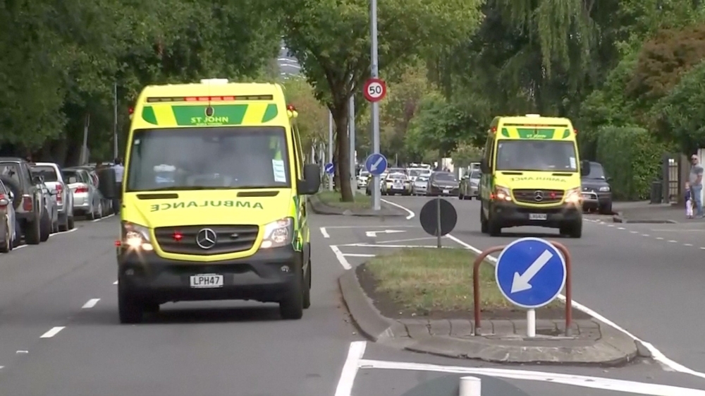 Ambulances drive along a street after reports that several shots had been fired at a mosque, in central Christchurch, New Zealand March 15, 2019, in this still image taken from video. TVNZ/via REUTERS TV 