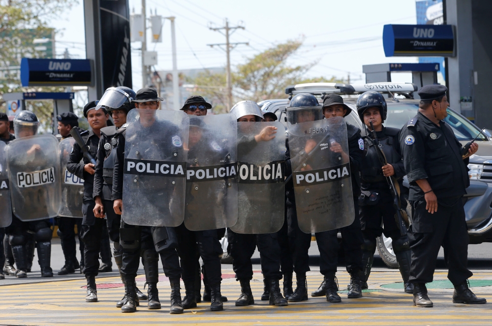 Riot police are pictured during a protest against the government of Nicaragua's President Daniel Ortega in Managua, Nicaragua March 16, 2019. REUTERS/Oswaldo Rivas