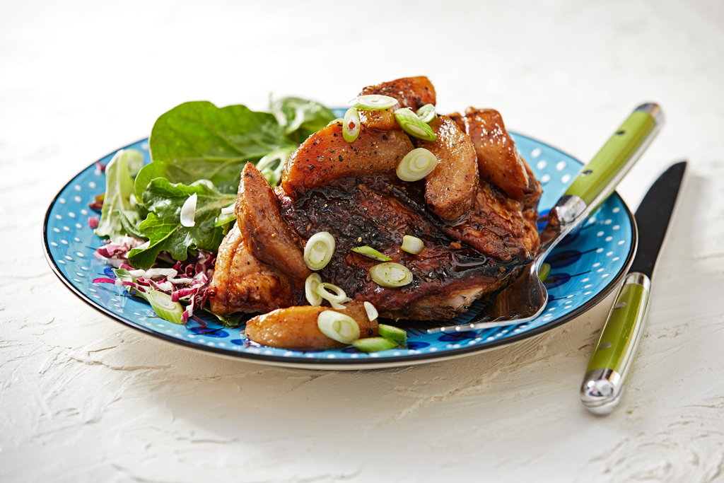 Miso-Ginger Roasted Chicken and Pears.  Photo by Tom McCorkle for The Washington Post.
