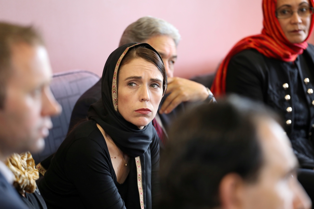 Jacinda Ardern meets representatives of the Muslim community at Canterbury refugee centre in Christchurch, March 16, 2019. New Zealand Prime Minister's Office/ Reuters. 