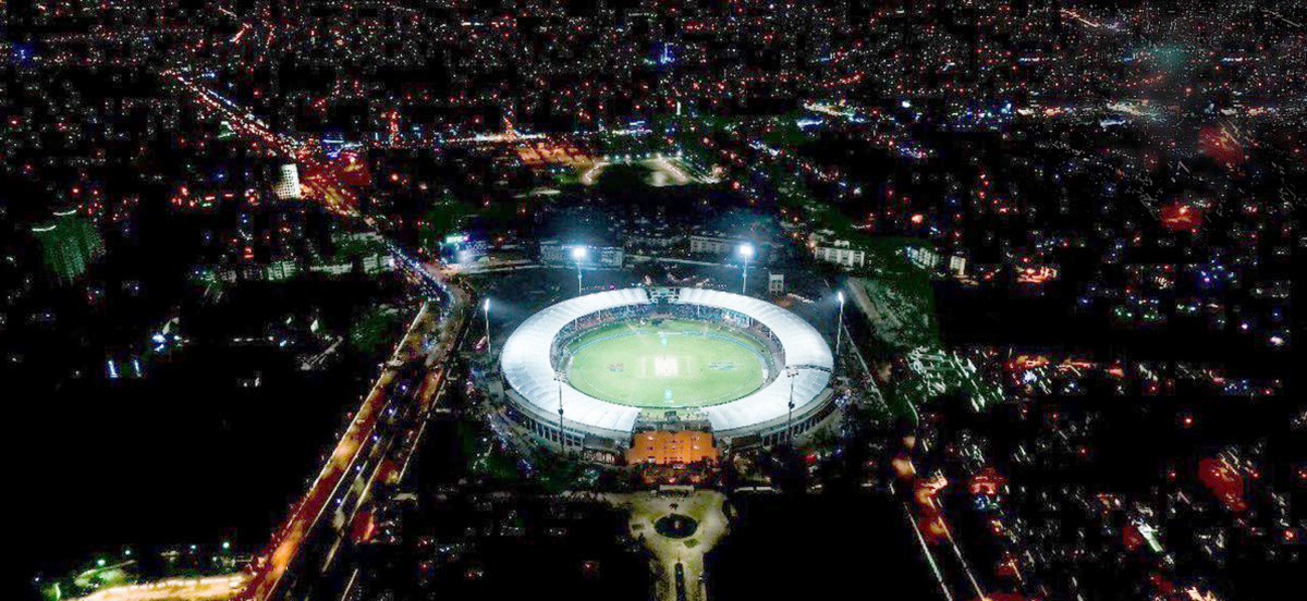 An aerial view of the National Stadium in Karachi during the Pakistan super League final on Sunday