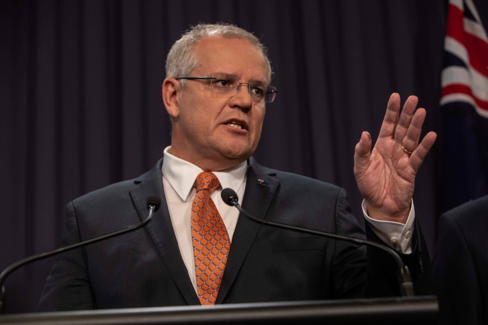 Prime Minister Scott Morrison speaks to the media during a press conference at Parliament House in Canberra, Australia, March 20, 2019. AAP Image/Andrew Taylor/via REUTERS
