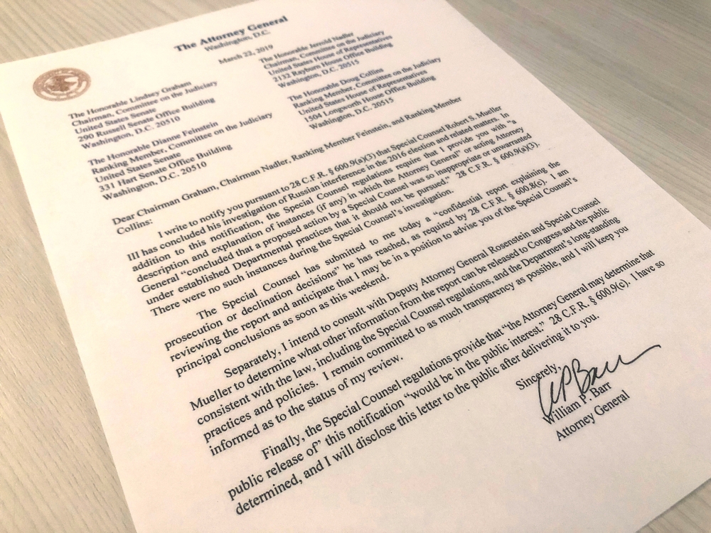 U.S. Attorney General William Barr's letter to U.S. lawmakers stating that the investigation by Special Counsel Robert Mueller has been concluded and that Mueller has submitted his report to the Attorney General is seen in Washington, U.S. March 22, 2019.