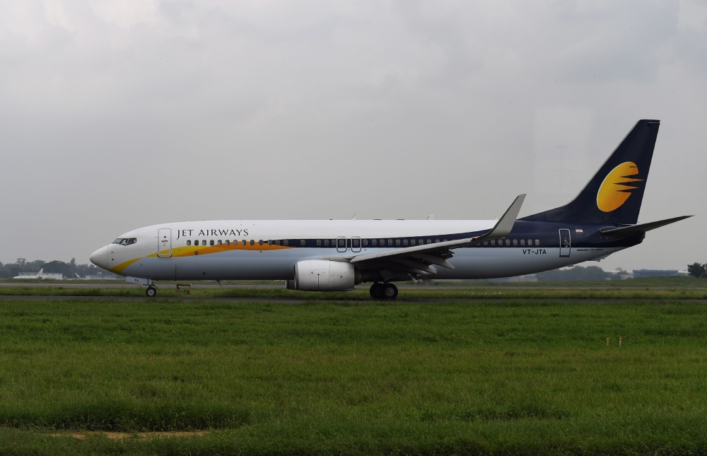 (FILES) This file photo taken on September 10, 2018, shows a Jet Airways plane at Indira Gandhi International Airport in New Delhi. AFP / Sajjad HUSSAIN