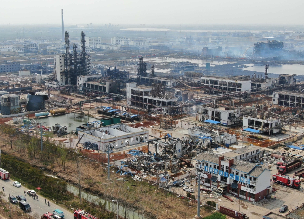 An aerial view shows a chemical plant after an explosion in Yancheng in China's eastern Jiangsu province, on March 23, 2019. China OUT / AFP / STR