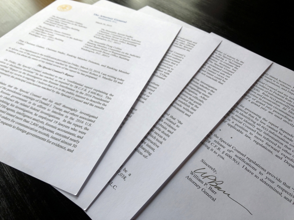 U.S. Attorney General William Barr's signature is seen at the end of his four-page letter to U.S. congressional leaders on the conclusions of Special Counsel Robert Mueller's report on Russian meddling in the 2016 election after the letter was released by
