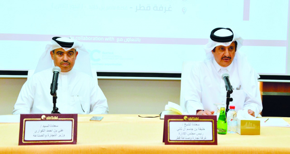 Minister of Commerce and Industry H E Ali bin Ahmed Al Kuwari (left) and Qatar Chamber Chairman Sheikh Khalifa bin Jassim Al Thani during the event.