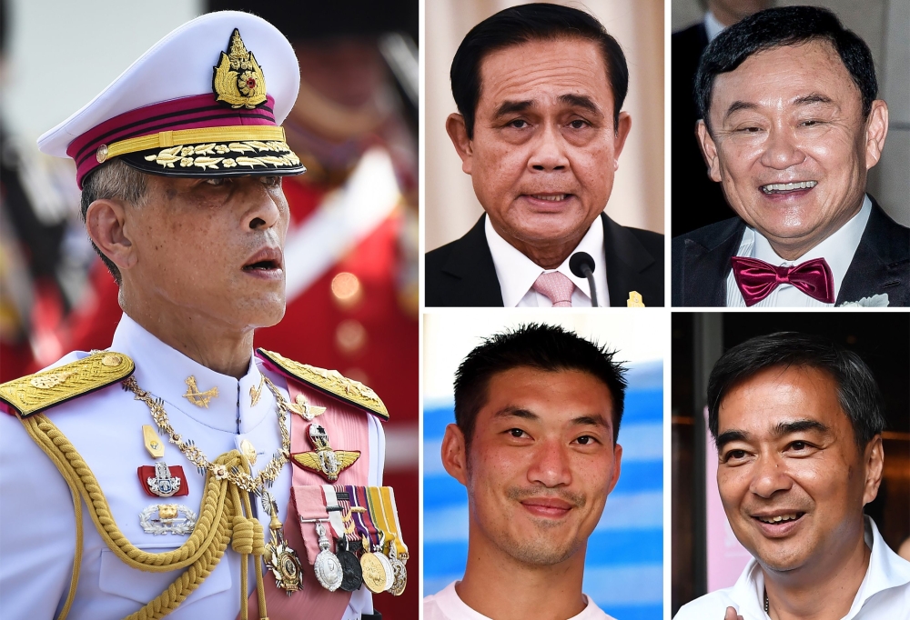 Clockwise from Left:  Thailand's King Maha Vajiralongkorn, Prime Minister Prayut Chan-O-Cha, exiled former prime minister Thaksin Shinawatra,  Abhisit Vejjajiva and Future Forward Party leader Thanathorn Juangroongruangkit AFP / Lillian Suwanrumpha,  Isaa