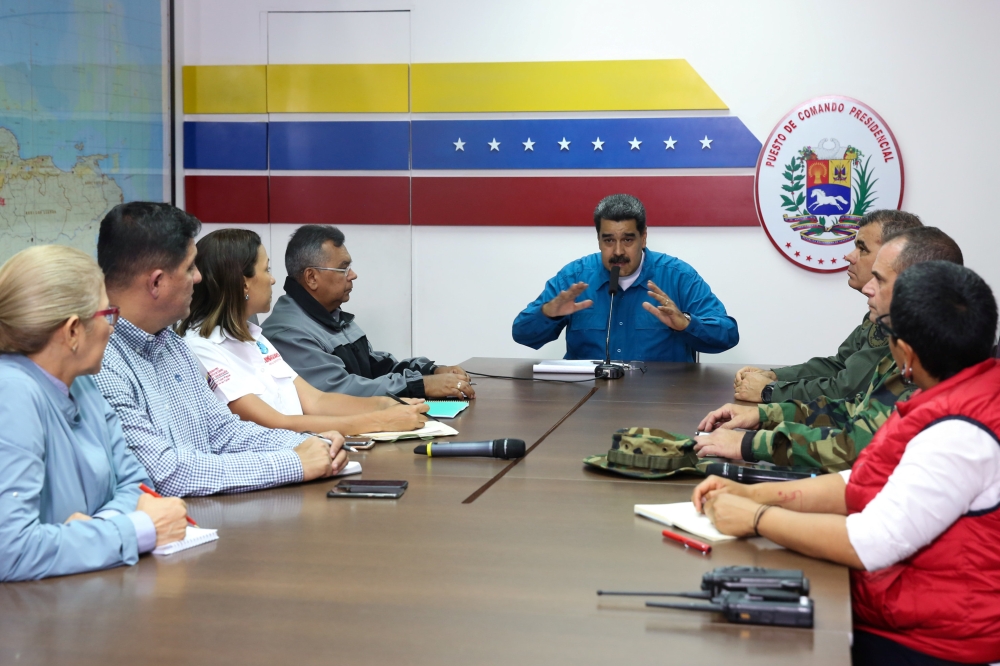 Venezuela's President Nicolas Maduro speaks during a meeting with members of the government in Caracas, Venezuela March 31, 2019. Miraflores Palace