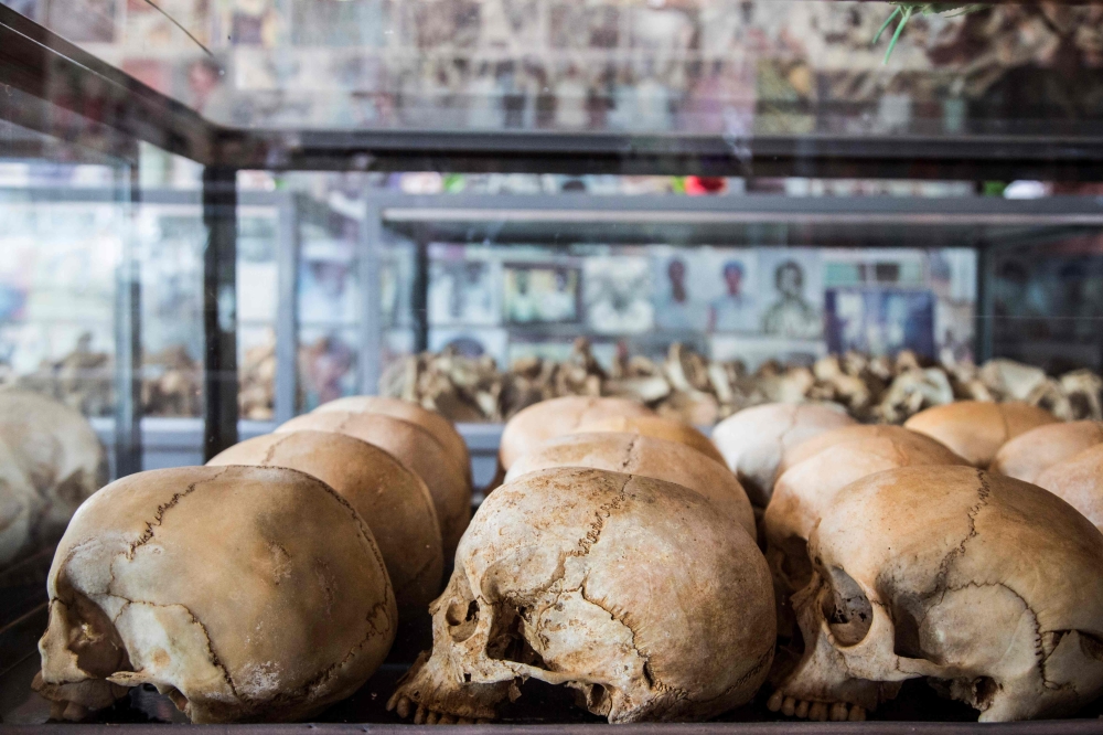 A picture taken on March 22, 2019 shows skulls of victims of the Rwanda's 1994 genocide's at the Ntarama Genocide Memorial, in Kigali.  AFP / Jacques Nkinzingabo 