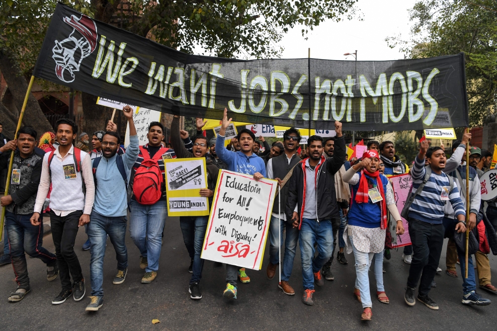 In this picture taken on February 7, 2019, Indian students take part in a protest rally over a range of issues including lack of jobs, investment in the education sector and autonomy of universities in New Delhi. AFP / Sajjad HUSSAIN 