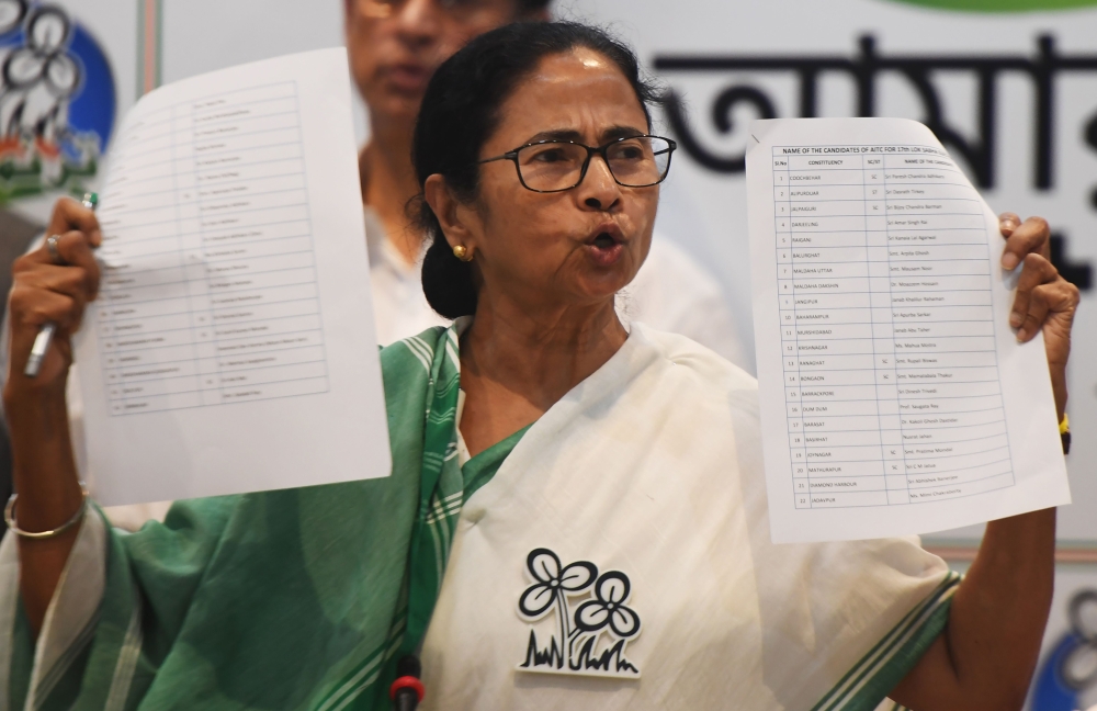 Trinamool Congress supremo Mamata Banerjee speaks during a press conference to announce the candidates for the general election, in Kolkata on March 12, 2019. AFP / Dibyangshu Sarkar