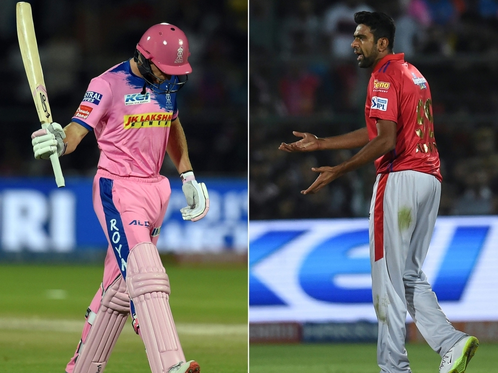(FILES) In this file combination of photos created on March 26, 2019, Rajasthan Royals' Jos Buttler (L) walks back to the pavilion after he was dismissed by Kings XI Punjab's Ravichandran Ashwin during the 2019 Indian Premier League (IPL) Twenty20 cricket