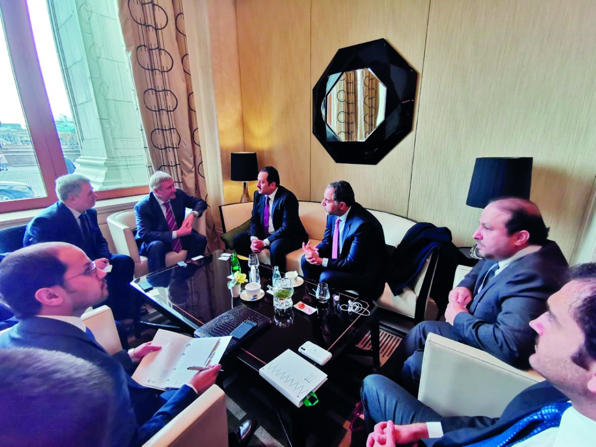 Sultan bin Rashid Al Khater, Undersecretary of the Ministry of Commerce and Industry, meeting with  Ahmed Blancoev, Chairman of the Qatari-Russian Business Council and others in Moscow, yesterday.