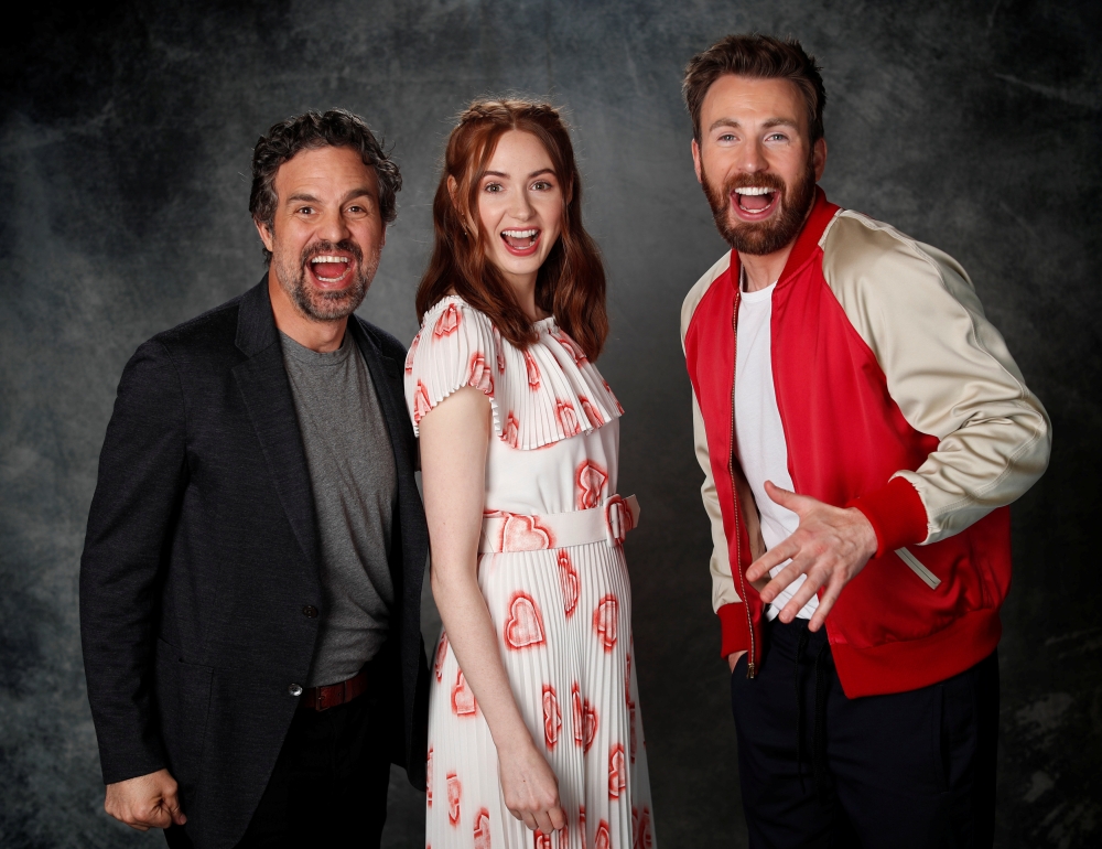 Cast members Mark Ruffalo (L), Karen Gillan and Chris Evans pose for a portrait while promoting the film 