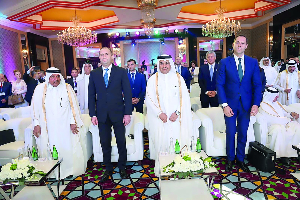 The Minister of Commerce and Industry, H E Ali bin Ahmed Al Kuwari (second right); President of the Republic of Bulgaria, Rumen Radev (second left); and other dignitaries at the Qatari-Bulgarian Business Forum, in Doha yesterday.
