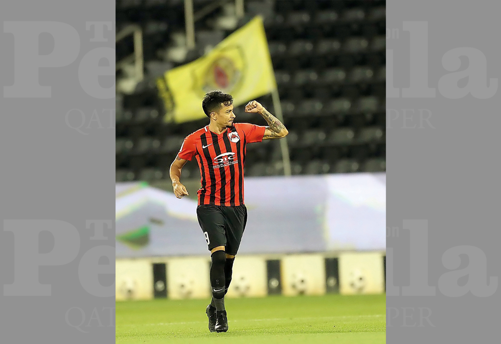 Al Rayyan’s Lucca Borges celebrates after scoring his second goal against Qatar SC during their final QNB Stars League match of the season at the Al Sadd Stadium, yesterday. 