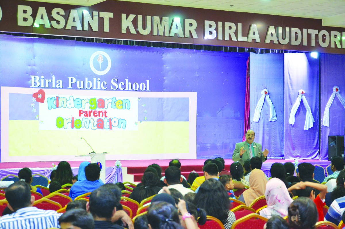 Principal A P Sharma conducting an orientation program for parents.