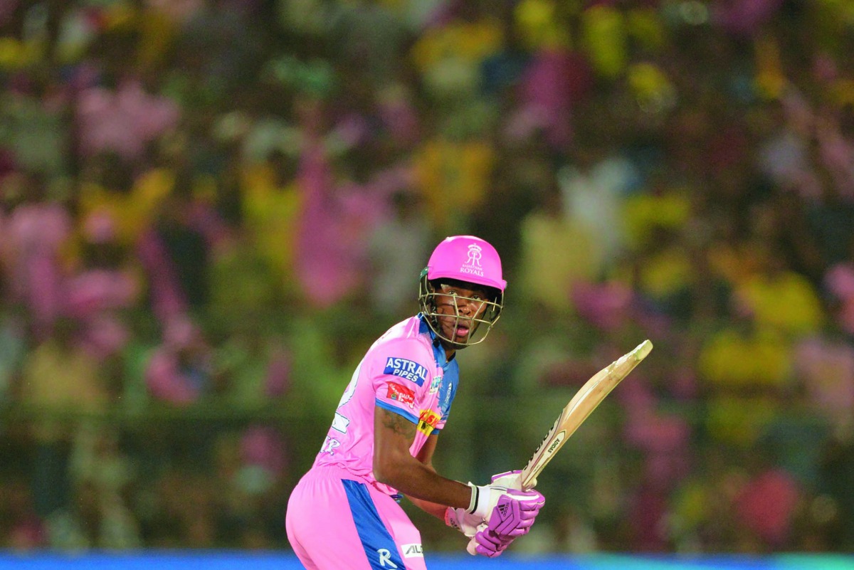 Rajasthan Royals cricketer Jofra Archer plays a shot during the 2019 Indian Premier League (IPL) Twenty20 cricket match between Rajasthan Royals and Chennai Super Kings at the Sawai Mansingh Stadium in Jaipur on April 11, 2019.  AFP / Sajjad Hussain