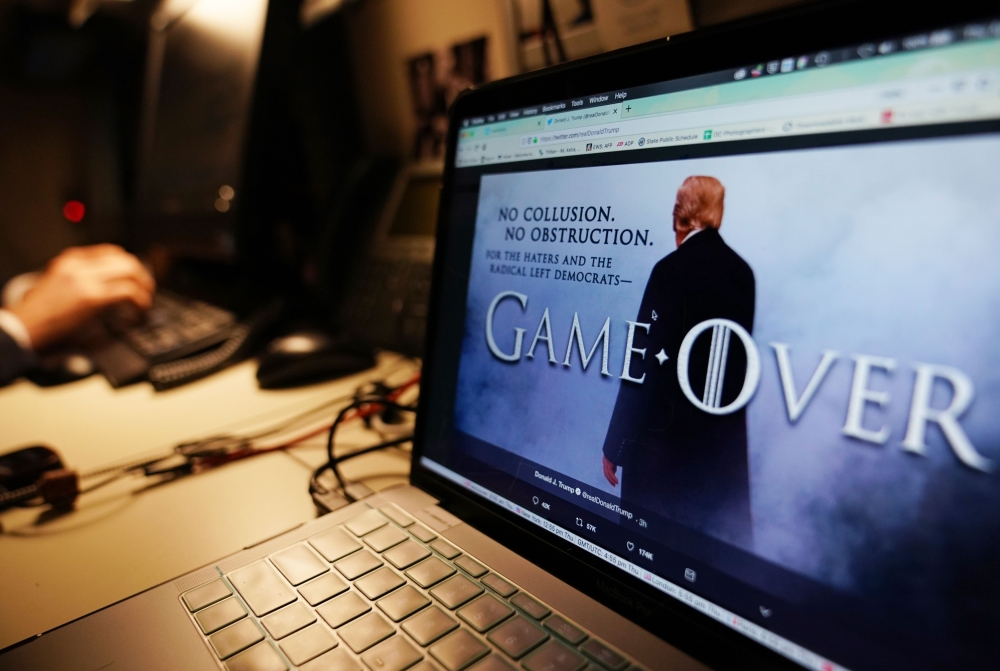 An illustration shows a Game of Thrones-styled montage from US President Donald Trump's twitter page in Washington, DC on April 18, 2019.  AFP / Mandel Ngan
 