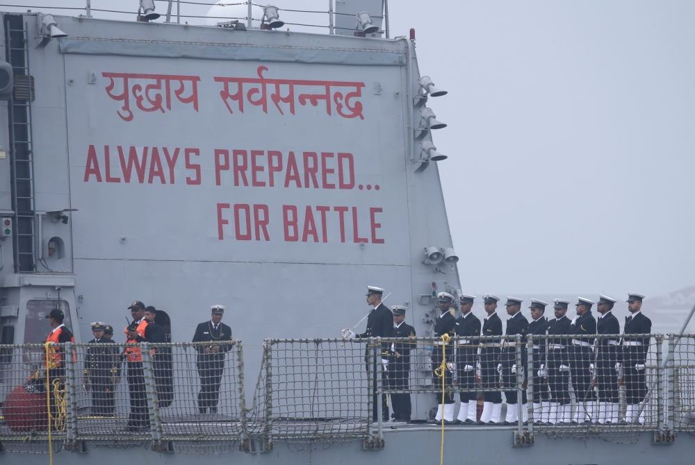 The Indian Navy warship INS Kolkata arrives at Qingdao Port for the 70th anniversary celebrations of the founding of the Chinese People's Liberation Army Navy (PLAN), in Qingdao, China, April 21, 2019. REUTERS/Jason Lee
 