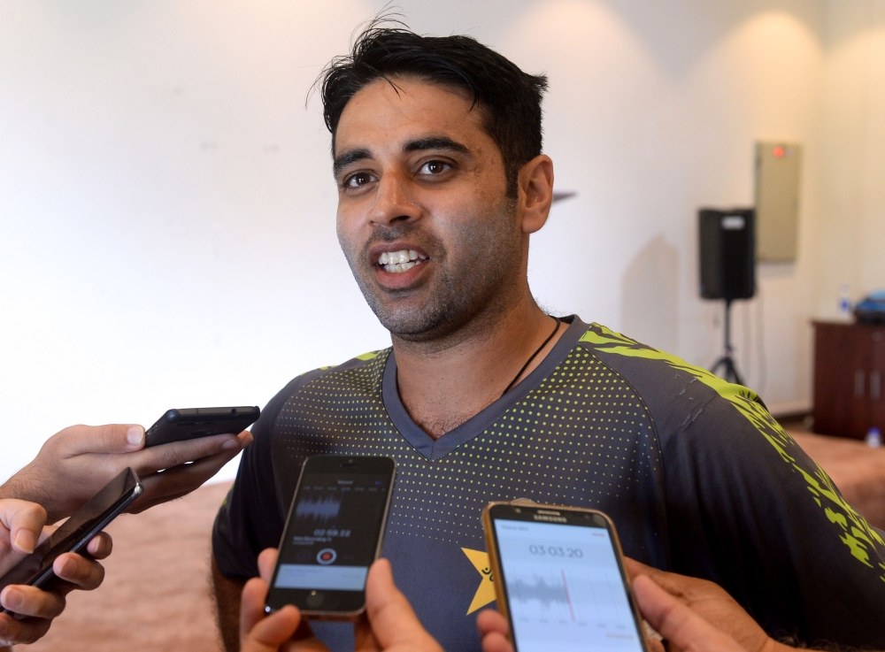 Pakistani cricketer Abid Ali speaks to media at the Gaddafi Cricket Stadium in Lahore on April 21, 2019. (AFP / ARIF ALI)