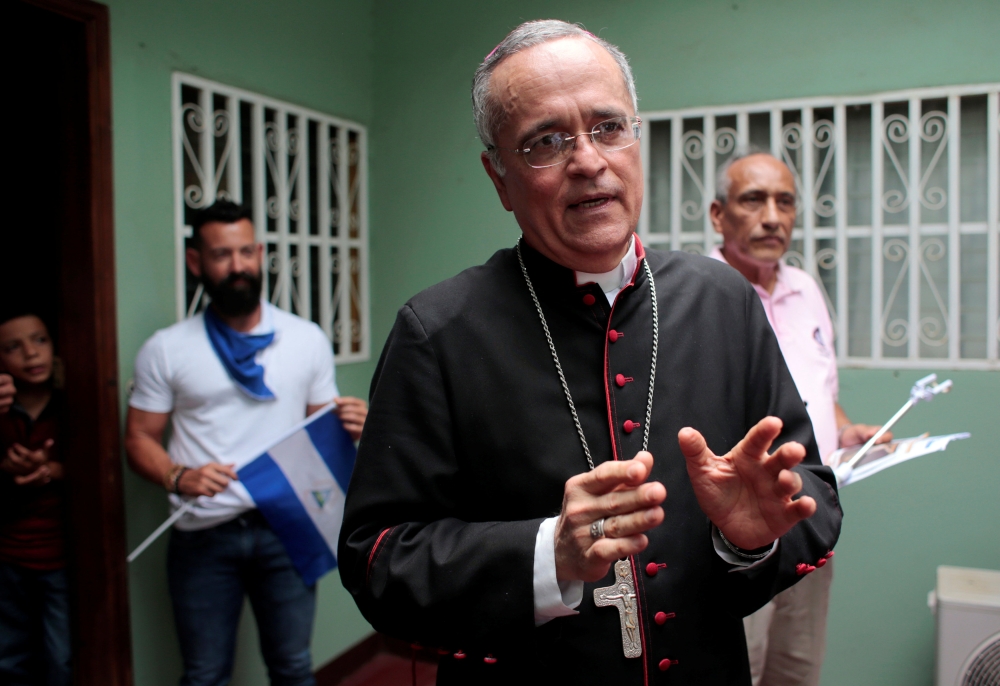 Managua's Bishop Silvio Baez speaks with journalists after a resurrection mass in Esquipulas, Nicaragua April 21, 2019. Reuters/Oswaldo Rivas