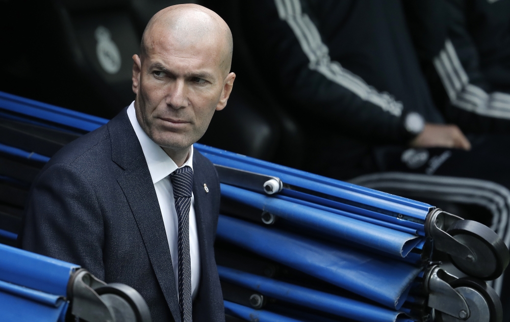 Head coach Zinedine Zidane of Real Madrid is seen during La Liga match between Real Madrid and Athletic Bilbao at Santiago Bernabeu Stadium in Madrid, Spain on April 21, 2019. ( Burak Akbulut - Anadolu