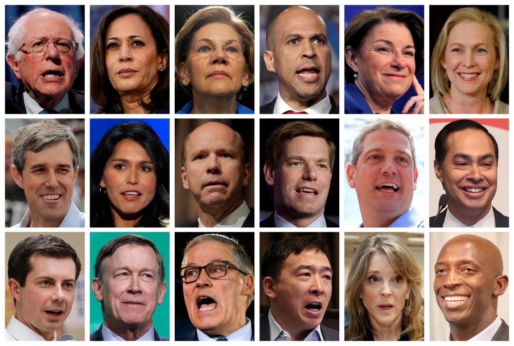 2020 Democratic presidential candidates are seen in a combination of file photos (L-R top row): U.S. Senators Bernie Sanders, Kamala Harris, Elizabeth Warren, Cory Booker, Amy Klobuchar, and Kirsten Gillibrand. (L-R middle row): Former Texas congressman B