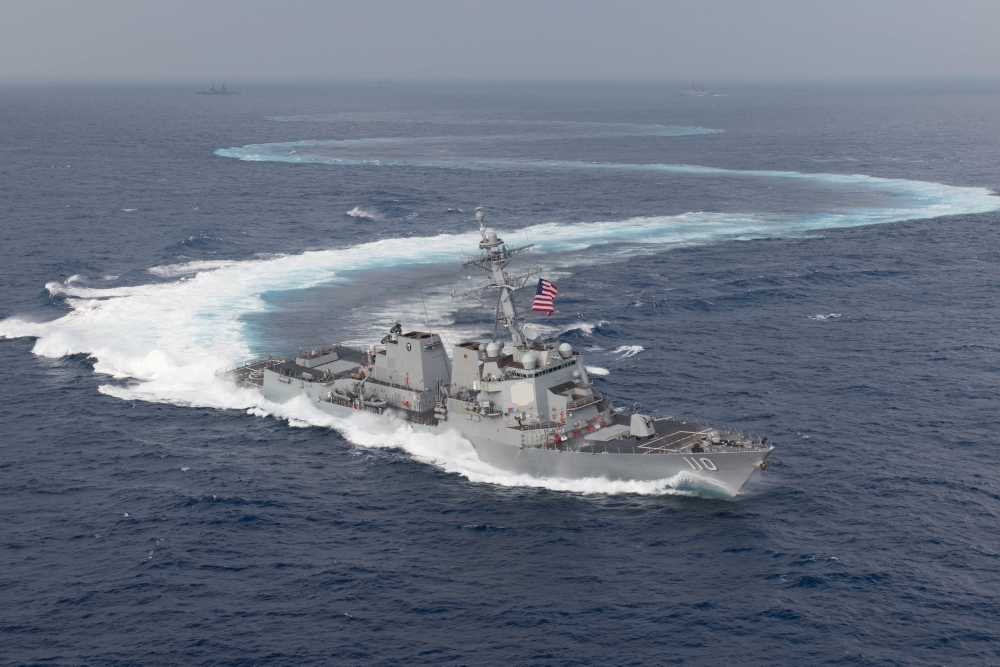 The guided-missile destroyer USS William P. Lawrence (DDG 110) practices ship maneuvers as it transits the Pacific Ocean June 23, 2018. Picture taken June 23, 2018. U.S.