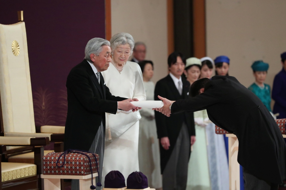Japan's Emperor Akihito and Empress Michiko attend a ritual called Taiirei-Seiden-no-gi, a ceremony for the Emperor's abdication, at the Imperial Palace in Tokyo, Japan April 30, 2019. Japan Pool/Pool via Reuters 