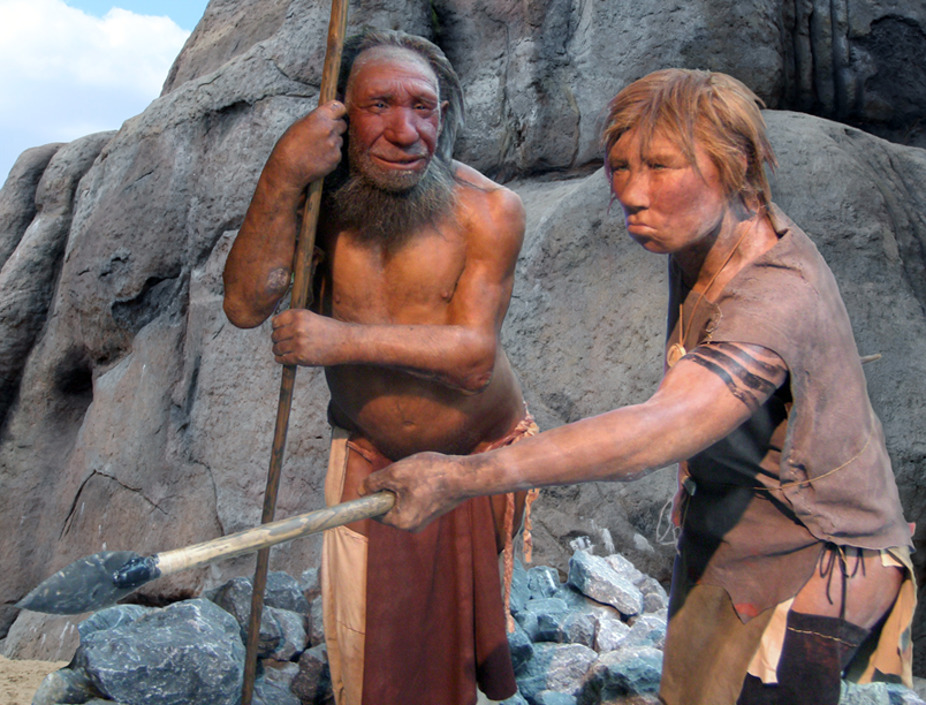 Male and female Neanderthals in the Neanderthal Museum, Mettmann, Germany (montage: background rock from original different location). Wikimedia Commons, CC BY-SA