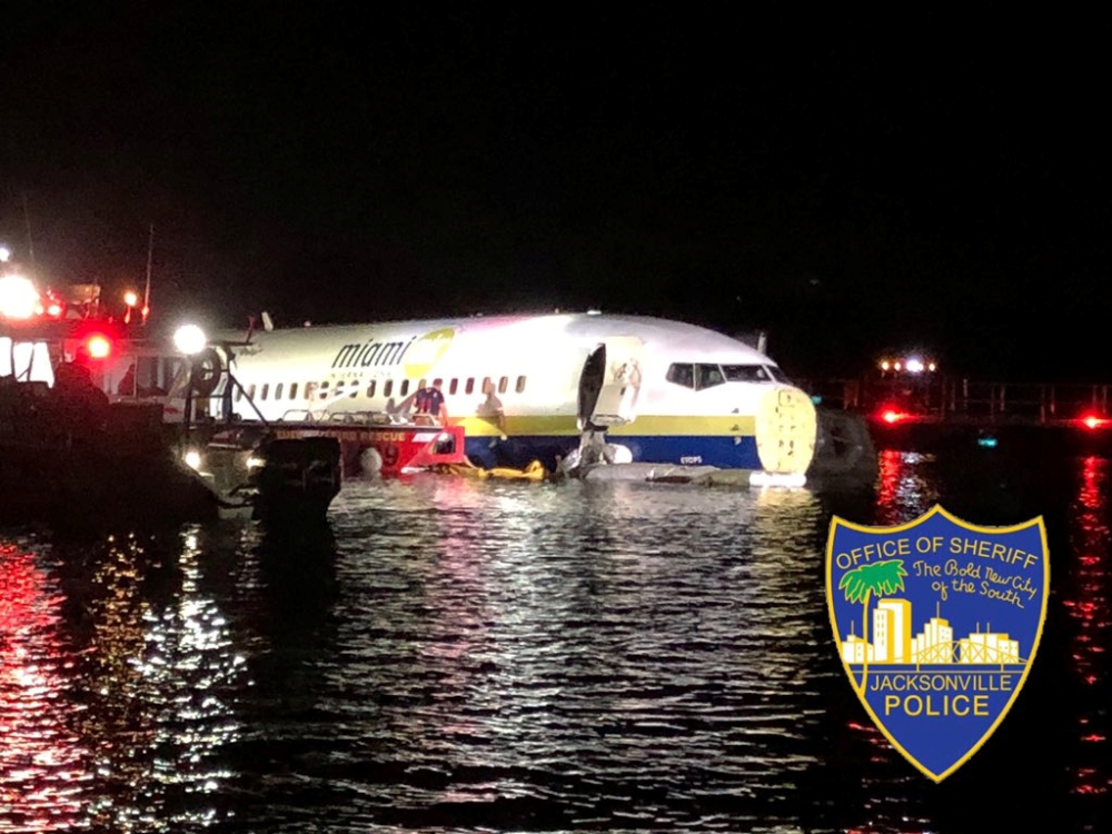 A Boeing 737 is seen in the St. Johns River in Jacksonville, Florida, U.S. May 3, 2019, in this picture obtained from social media. JACKSONVILLE SHERIFF’S OFFICE /via REUTERS