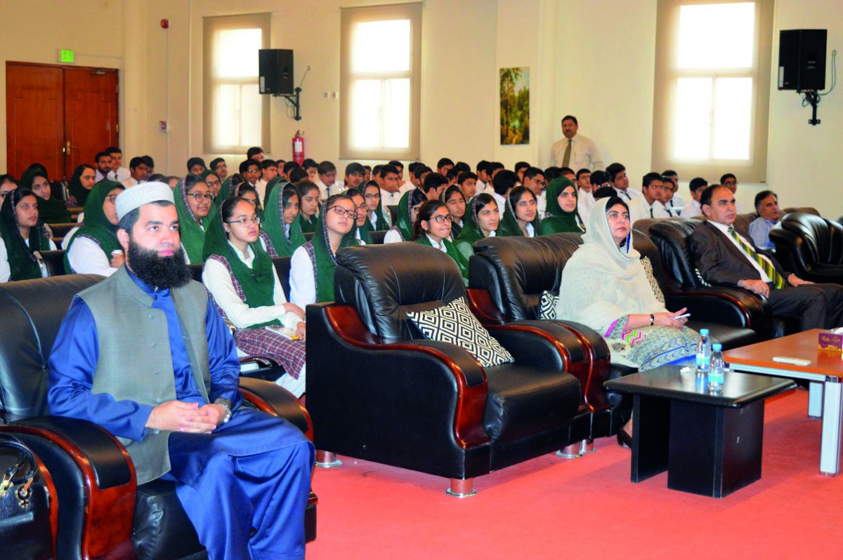Students and faculty members of Pakistan International School Qatar during the workshop on speaking skills.