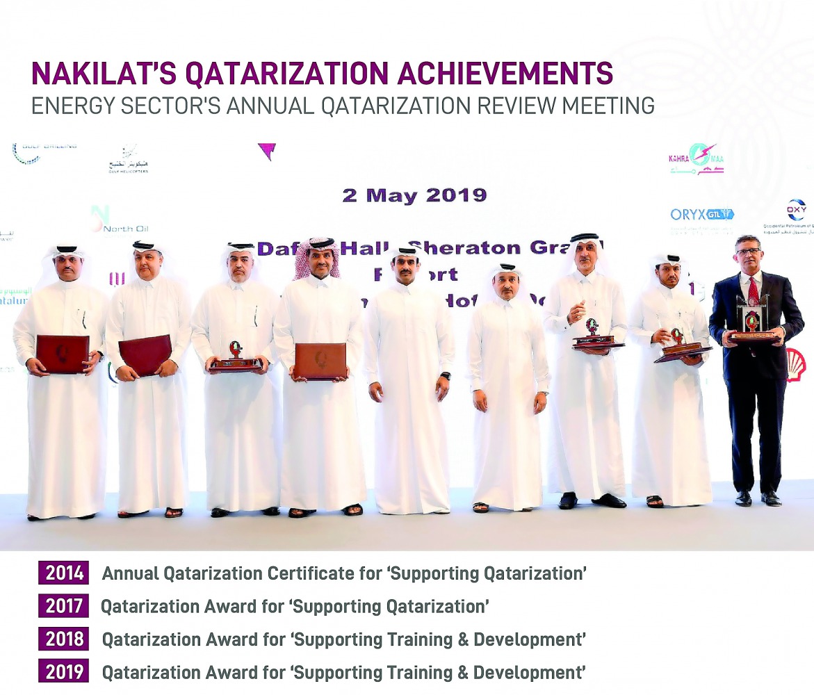 H E Saad bin Sherida Al Kaabi, Minister of State for Energy Affairs and President and CEO of Qatar Petroleum, posing for a group picture with senior officials of Nakilat and its joint ventures that undertake various sustainable initiatives, especially wit