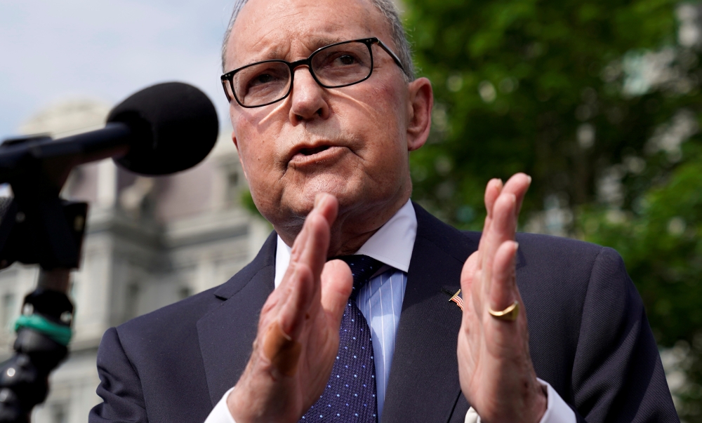 FILE PHOTO: White House economic adviser Larry Kudlow speaks to reporters at the White House in Washington, U.S., May 3, 2019. REUTERS/Kevin Lamarque/File Photo