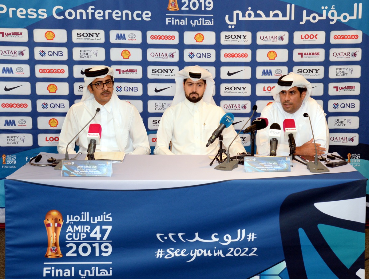Major Abdullah Al Ghanim, Official Spokesperson, Security Committee, Khalid Al Namaa, Head of Media, Amir Cup Organising Committee, and Khalid Mubarak Al Kuwari, Director of Marketing and Communication, QFA during a press conference yesterday. Pic: Abdul 