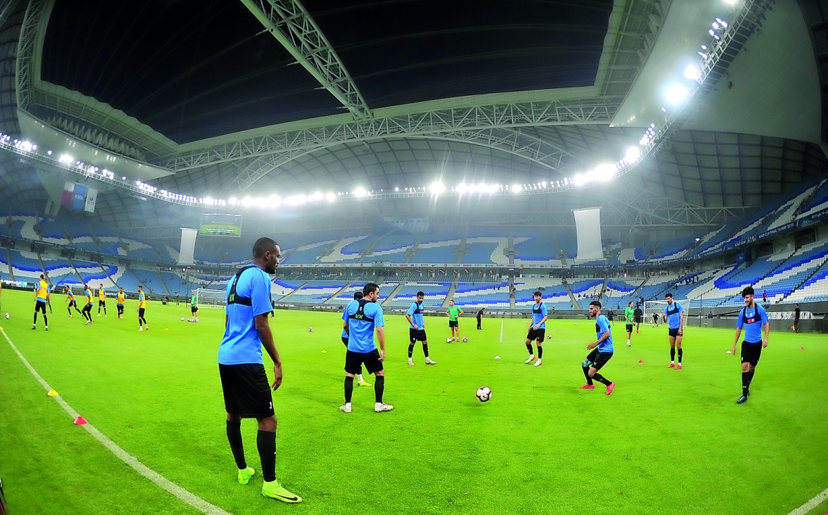 Al Sadd’s players during a training session at Al Wakrah Stadium on the eve of their Amir Cup final against Al Duhail. Pictures: Salim MAtramkot and Abdul Basit/The Peninsula