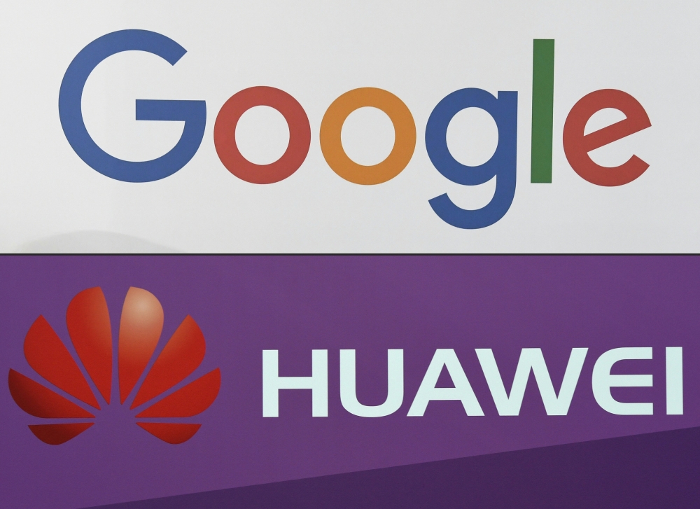 (Combo) This combination of file pictures created on May 19, 2019, shows the logo of the US multinational technology company Google and the logo of Chinese electronics firm Huawei. AFP / ALAIN JOCARD AND CHRISTOF STACHE