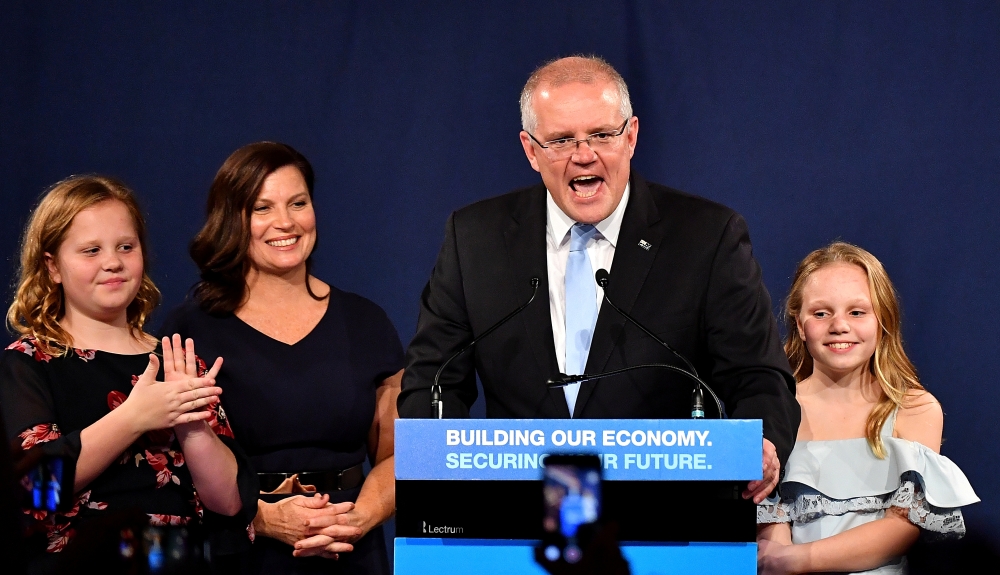 Australia's Prime Minister Scott Morrison with wife Jenny, children Abbey and Lily after winning the 2019 Federal Election, at the Federal Liberal Reception at the Sofitel-Wentworth hotel in Sydney, Australia, May 18, 2019. AAP Image/Dean Lewins/via REUTE
