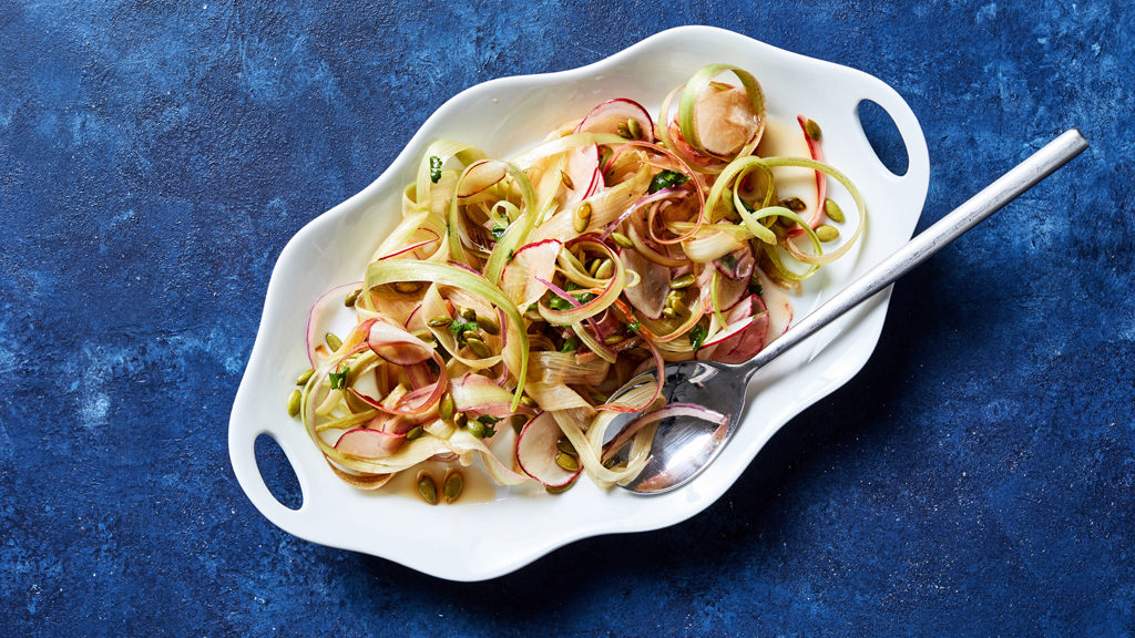 Shaved Rhubarb and Radish Salad with Apple Cider Vinaigrette. Photo by Stacy Zarin Goldberg for The Washington Post