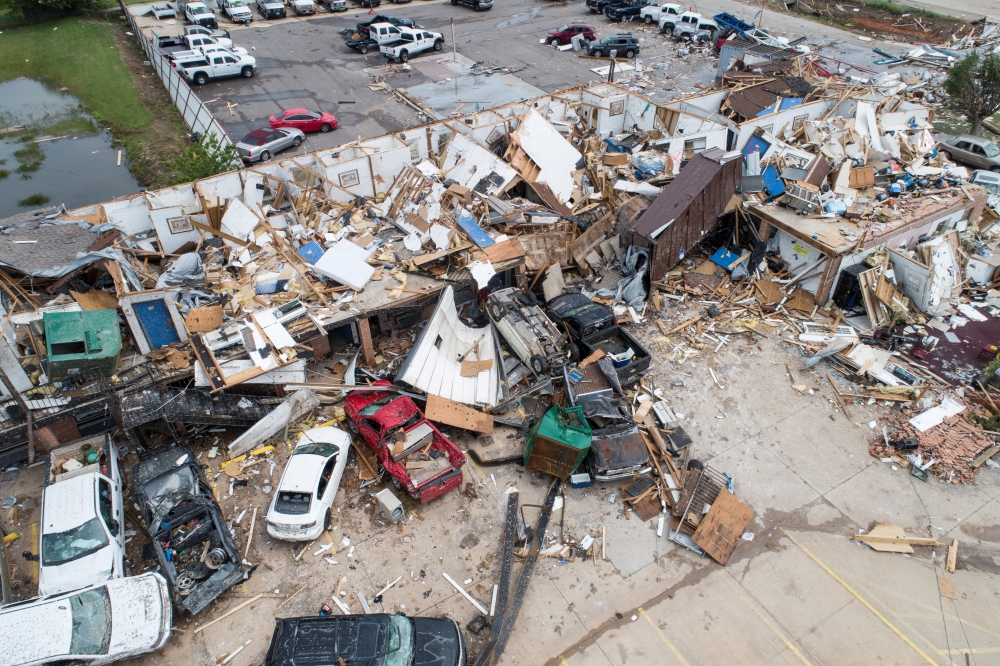 Damage to the American Budget Value Inn is seen in an aerial photo after a tornado touched down overnight in El Reno, Oklahoma, U.S. May 26, 2019. REUTERS/Richard Rowe 