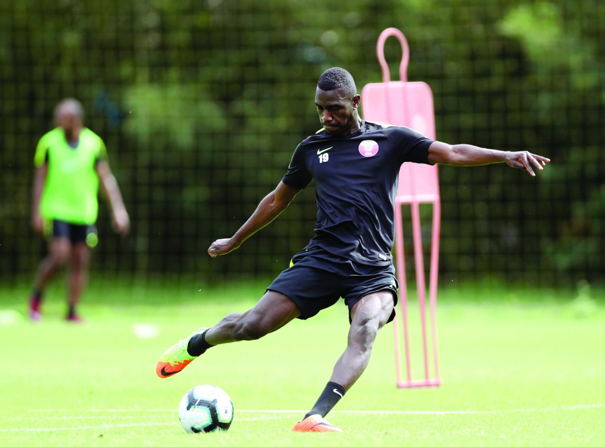 Qatari striker Almoez Ali in action during a training session in Rio de Janeiro yesterday, ahead of tomorrow’s friendly against Brazil.