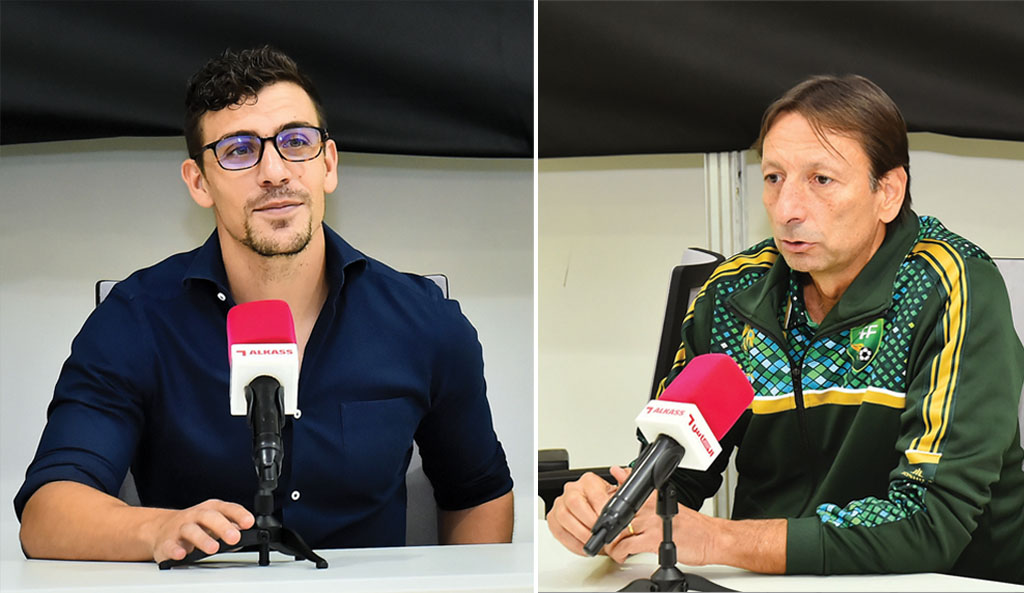 Cambodia coach Felix G. Dalmas and Pakistan coach José Antonio Nogueira (R)