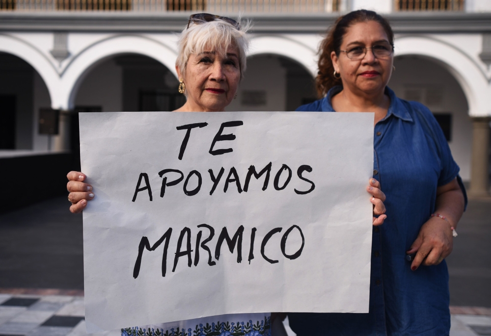 Journalists demonstrate against the kidnapping of their Mexican colleague Marcos Miranda Cogco in Boca del Rio, Veracruz State, Mexico on June 12, 2019.  AFP / Victoria Razo 