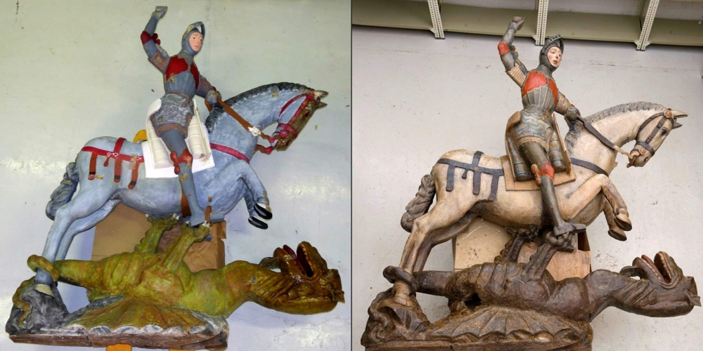 This combination of pictures created on June 24, 2019 of handout pictures show a sculpture of Saint George before and after restoration. AFP / Navarra Government