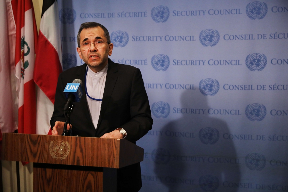 Iran's Ambassador to the United Nations (UN) Majid Takht Ravanchi speaks to the media before a meeting with other UN members on the escalating situation with the United States At United Nation headquarters on June 24, 2019 in New York City. Spencer Platt/