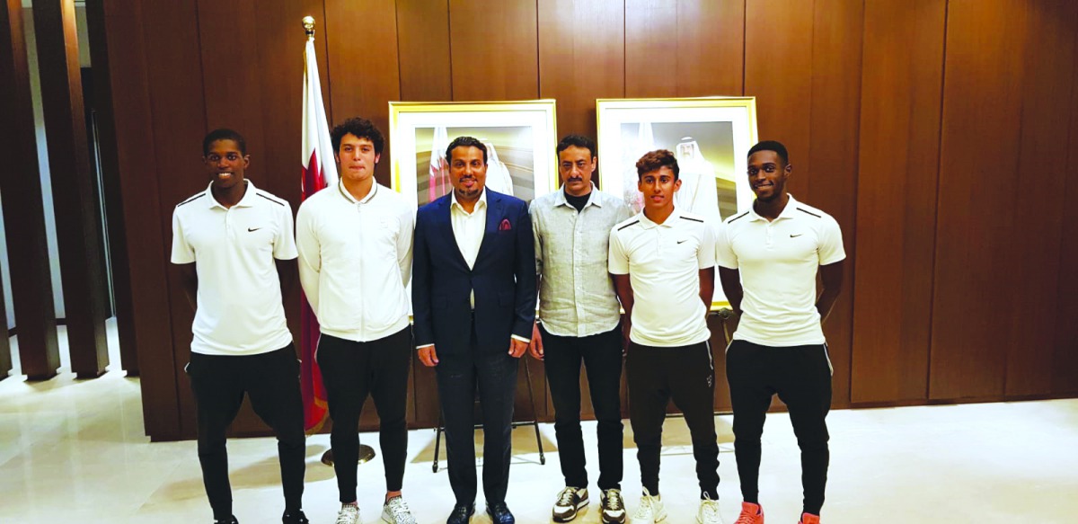Qatar’s Ambassador to Singapore, H E Abdullah bin Ibrahim Al Hamar, poses for a photograph with the members of the national tennis team ahead of their campaign in 2019 Davis Cup, in Singapore, yesterday.